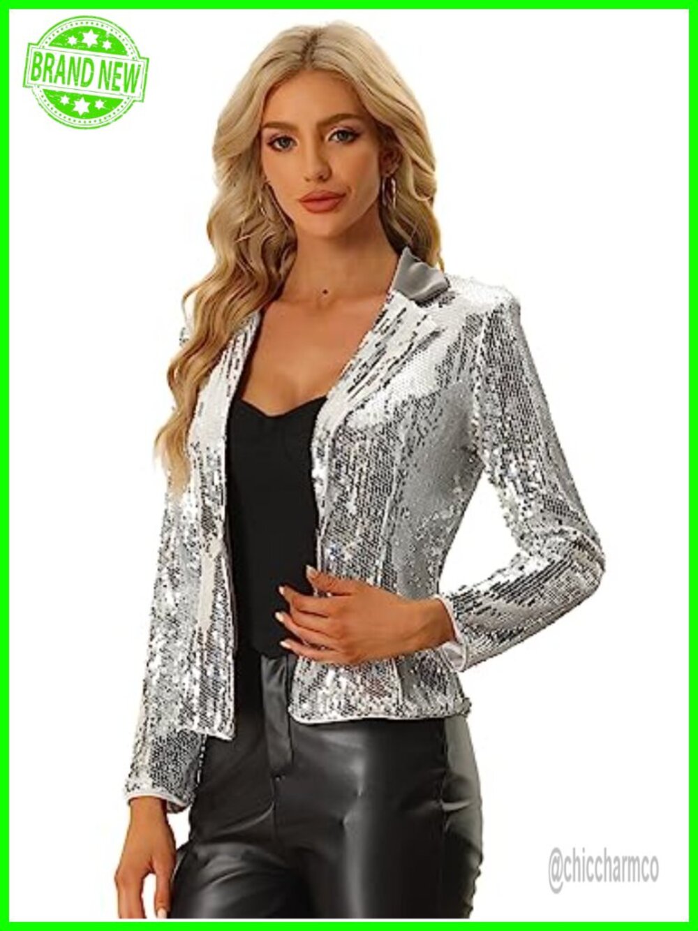 Sequin Crop Jacket Velvet Collar Long Sleeve Party Sparkly Shiny